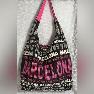 Robin Ruth Barcelona Hobo Hot Pink Black Cotton Canvas Zip Closure Shoulder Bag